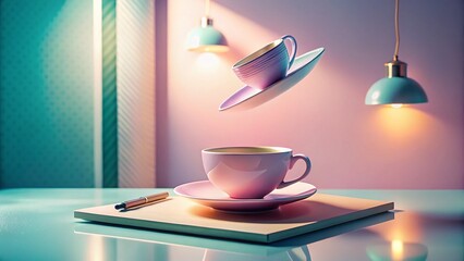 Poster - Surreal Floating Teacup on Clipboard, Dreamlike Office Scene, Whimsical Still Life Photography