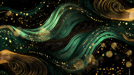 Wall Mural - Glitter vintage lights background. black, green and gold. de-focused. Glowing Abstract Patterns. Illustration