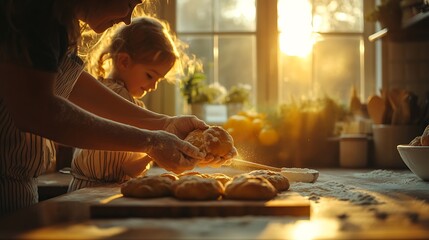 A beautiful family bonding moment in the kitchen, a parent guiding their child in making homemade bread, hands covered in flour, rustic wooden countertops,