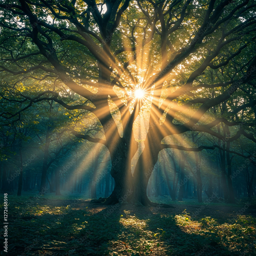 Stock-Foto „Golden sunlight beams through the branches of a majestic ...