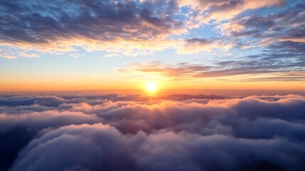 Poster - Breathtaking panoramic view of a vibrant sunrise rising above soft clouds creating a magical sky landscape : Generative AI