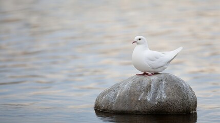 Poster - A solitary white dove standing gracefully on a large stone in calm water : Generative AI
