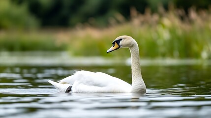Aufkleber - Graceful White Swan Swimming in a Serene Green Lake Surrounded by Nature : Generative AI