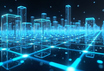 Fototapete - Glowing Data Stream City: Abstract Digital Background with Blue and White Lines Flowing Over Transparent Glass Blocks, Futuristic Design for Tech Visualization and Modern Graphic Art.

