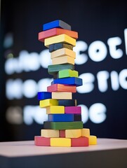 Poster - Colorful Wooden Blocks Stacked in a Tower Against a Dark Background : Generative AI