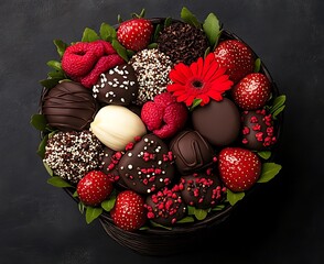 Wall Mural - Confectionery delight Strawberries, raspberries & flower basket against dark background; gift for special occasion