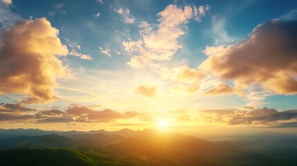 Poster - Stunning Landscape of a Sunset Over Mountain Ranges with Colorful Cloud Skies : Generative AI