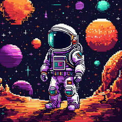 pixel art astronaut exploring colorful space landscape with planets