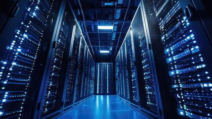 Aufkleber - Advanced data center with illuminated server racks and high-tech networking, symbolizing cloud computing, cybersecurity, and digital infrastructure. Ideal for IT and AI themes