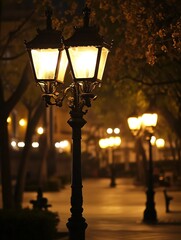 Poster - Ornate Street Lamp Lighting Up Pathway in City Park at Night with Glowing Ambience : Generative AI