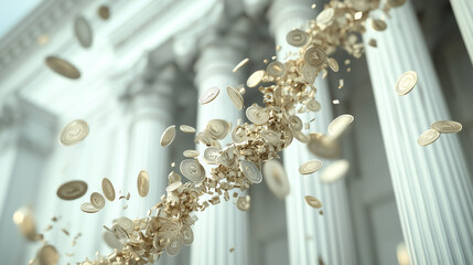 Wall Mural - Financial Stream: Illustrating the concept of wealth and investment, a cascading stream of golden coins flows dramatically in front of a neoclassical building's columns.