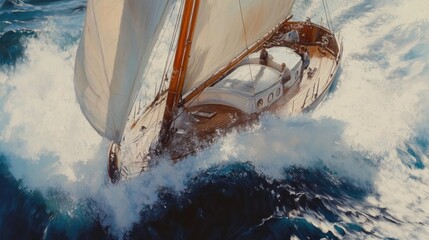 Wall Mural - A sailboat navigates through turbulent ocean waves under bright sunlight.