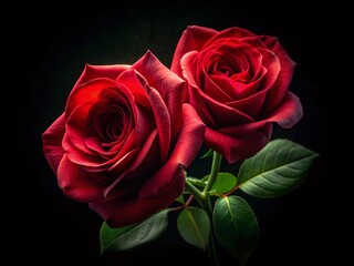 Poster - Two Red Roses with Green Leaves on Black Background - Elegant Floral Still Life Stock Photo