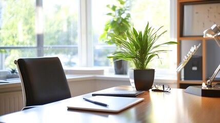 Poster - Bright modern office space with greenery and natural sunlight in focus : Generative AI