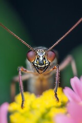 Poster - Detailed Macro Shot of a Colorful Insect on Vibrant Flower Petals in Nature : Generative AI