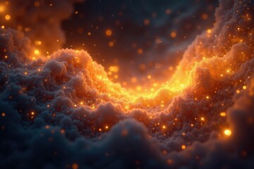 ethereal glow of golden particles dissolves into the cosmos, fluidity, luminous