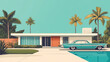 © Tiravad - classic mid century modern house with vintage car parked outside, surrounded by palm trees