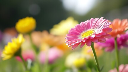 Poster - Vibrant Pink and Yellow Gerbera Flowers Blooming in a Colorful Garden Field : Generative AI