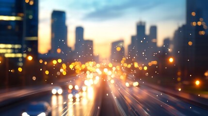 Poster - Blurred city lights at dusk creating a vibrant bokeh effect with a feeling of urban energy : Generative AI