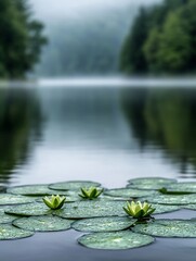 Poster - Tranquil Water Lilies Floating on Calm Misty Lake Surrounded by Green Forest : Generative AI