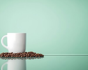 Canvas Print - Coffee cup with beans on glass table, reflection visible; light-green wall as background