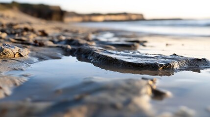 Poster - Close-Up of Wet Sandy Beach with Small Water Puddle and Natural Texture : Generative AI