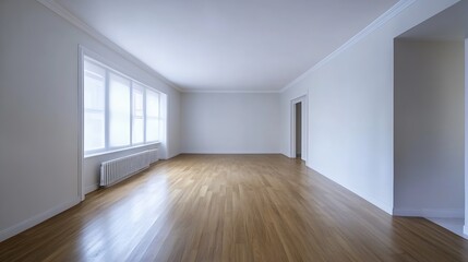 Poster - Spacious empty room with wooden flooring and natural light streaming in through large windows : Generative AI