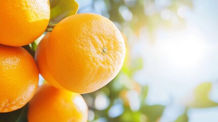 Poster - Freshly Ripe Oranges Hanging on Tree Branch Against Bright Sunlight : Generative AI