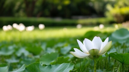 Poster - Blossoming lotus flower resting gracefully on a vibrant green pond surrounded by foliage : Generative AI