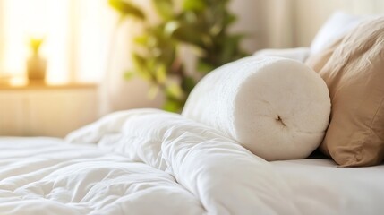Aufkleber - Cozy Modern Bedroom Decor with Soft Textiles and Decorative Pillow on a Bright Sunny Morning : Generative AI