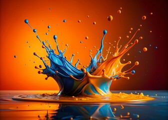 Poster - Vibrant Blue Orange Paint Splash Minimalist Background - Abstract Art Stock Photo