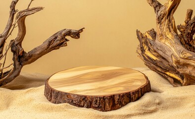Poster - Artistic Wooden Podium Surrounded by Driftwood on Sandy Beige Background for Creative Display and Photography Projects