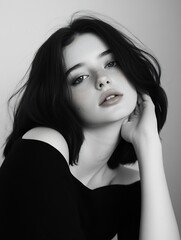 Poster - Stunning Black and White Portrait of a Young Woman with Freckles and Soft Light : Generative AI