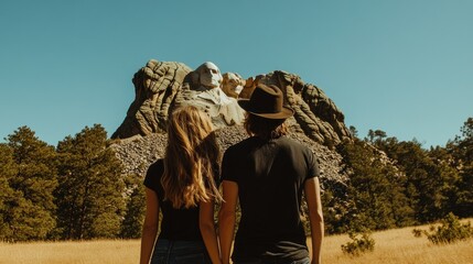 Wall Mural - A couple admires a famous mountain sculpture under a clear blue sky.