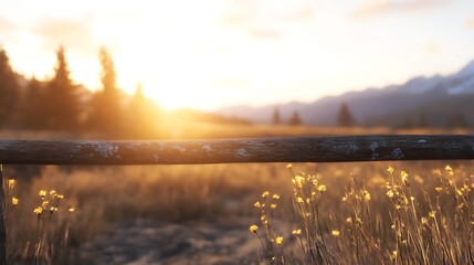 Poster - Serene Sunrise Over a Tranquil Meadow with Wildflowers and a Wooden Fence : Generative AI