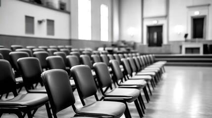 Poster - Empty rows of black chairs in a spacious hall captured in black and white : Generative AI