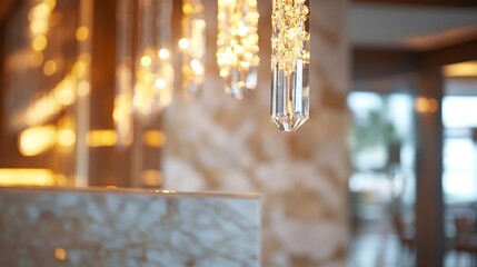 Poster - Elegant chandelier with crystal droplets illuminating a modern interior creating a luxurious ambiance : Generative AI