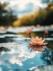 Poster - Beautiful Water Lily Blooming on a Pond with Reflection and Soft Colors : Generative AI