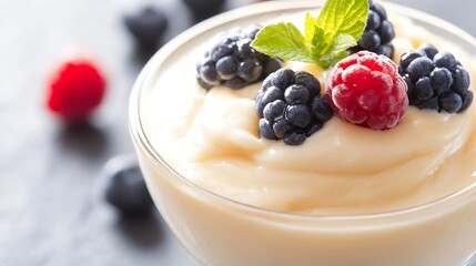 Aufkleber - Delicious Yogurt Dessert Topped with Fresh Berries and Mint Leaves in a Bowl : Generative AI
