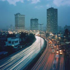 Busy city highway at twilight with modern buildings