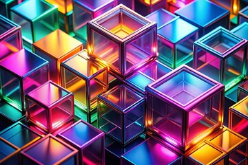 Poster - Vibrant Neon Cubes: Abstract 3D Interlocking Geometric Shapes Portrait
