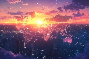 Poster - Global Network: Cities Illuminate World Map at Sunset, Stunning Night View