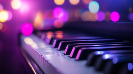 Fototapete - Piano Keys with Vibrant Bokeh Lights Creating a Dreamy Atmosphere : Generative AI