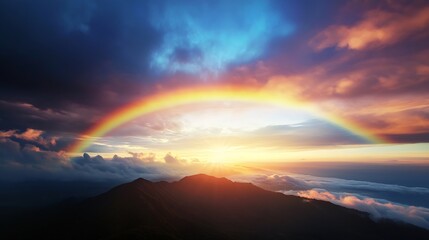 Poster - Vivid Rainbow Arching Across a Scenic Sunset Skyline Above Majestic Mountains : Generative AI