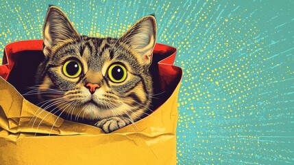  pop art retro style of Cat peeking out of a colorful bag.