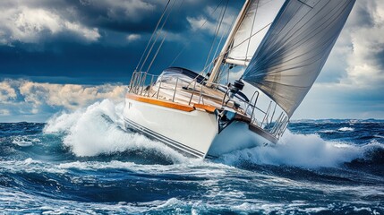 Wall Mural - A sailboat navigating rough seas under a dramatic sky.