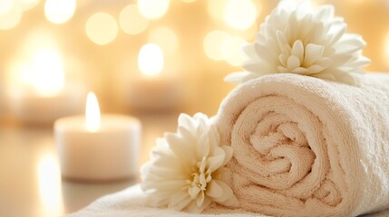 Aufkleber - Relaxing Spa Setup with Soft Towels and Fresh White Flowers in Peaceful Atmosphere : Generative AI