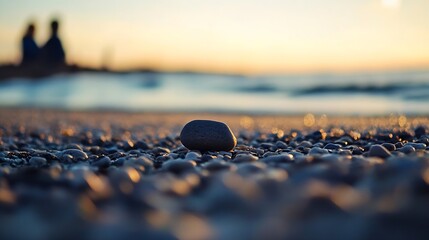 Wall Mural - Serene Sunset View of a Pebble on the Shore with Blurred Figures in the Background : Generative AI