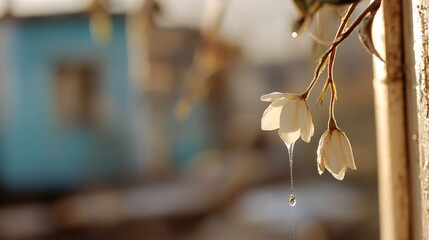 Poster - Delicate white flowers with water droplets illuminated by bright sunlight : Generative AI