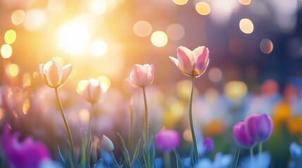 Poster - Colorful Spring Tulips Blooming in Garden with Glowing Sunlight Creating Magical Atmosphere : Generative AI